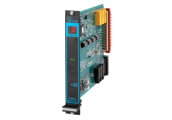 The TA102A is a single-channel Combustible Gas Trip Amplifier Module designed for use with one General Monitors intelligent transmitter to monitor combustible gases and vapors within the lower explosive limit (LEL) and provide status indication and alarm outputs. Microprocessor-based electronics allow all options to be user selectable through a front panel interface (mode / select switch and digital display).